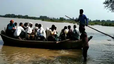 Villagers forced to sail on a broken boat in Hardoi district