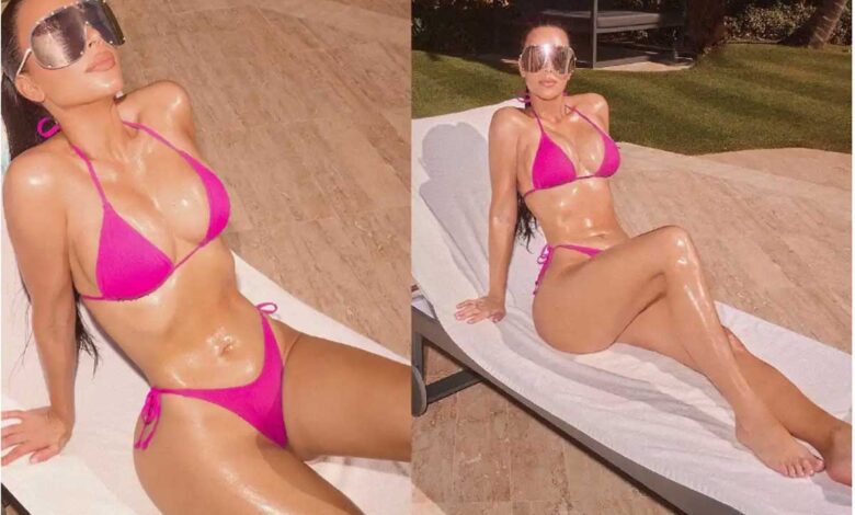 Kim Kardashian viral pics of sunbathing in pink bikini