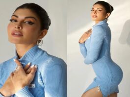 Jacqueline Fernandez shared pictures in a blue bodycon dress