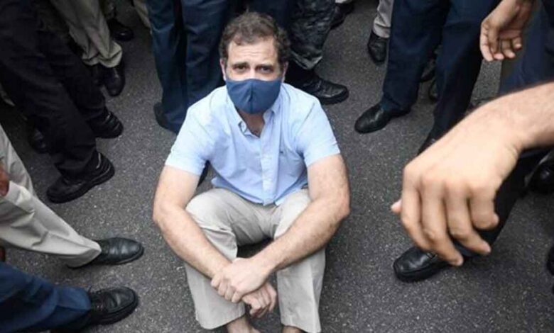 Rahul Gandhi protesting on road with Congress MPs