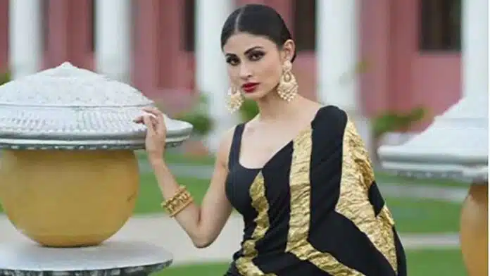 Mouni Roy in a classic black sari during Brahmastra promotions