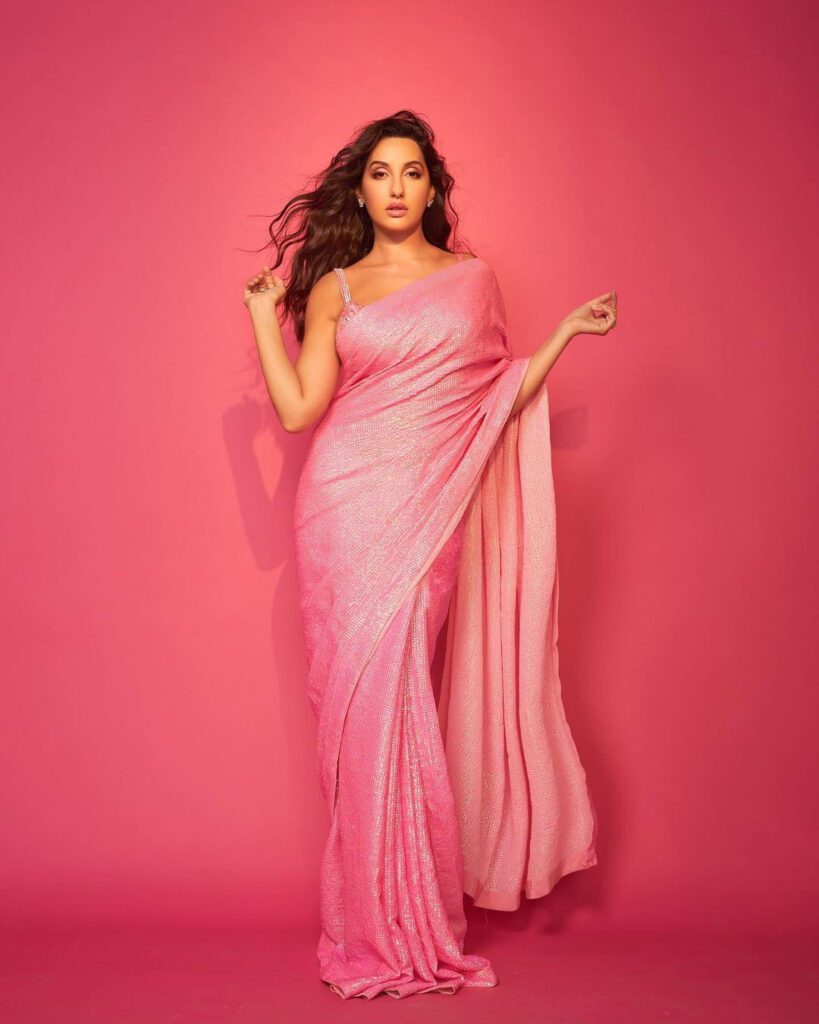 Nora-Fatehi-in-an-Akanksha-Gajria-pink-sequin-saree