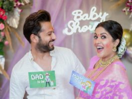 Ishita-Dutta-looked-beautiful-in-pink-saree-at-baby-shower