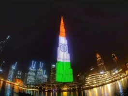 Burj Khalifa lit up with the colors of the Indian flag on Independence Day