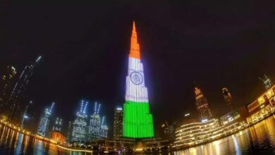 Burj Khalifa lit up with the colors of the Indian flag on Independence Day