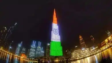 Burj Khalifa lit up with the colors of the Indian flag on Independence Day