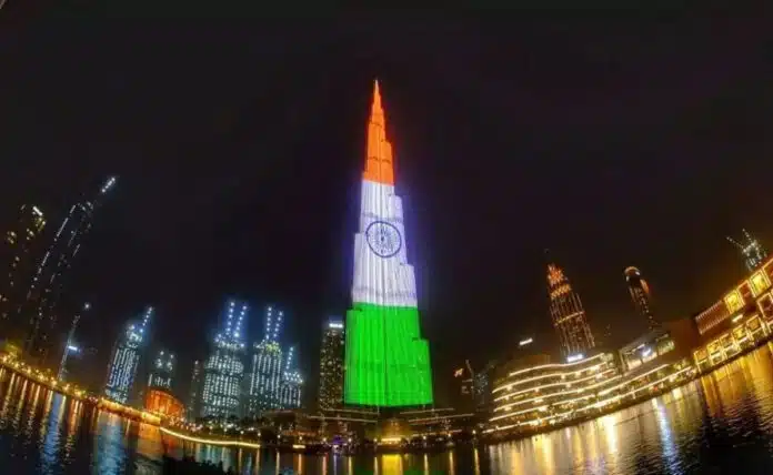 Burj Khalifa lit up with the colors of the Indian flag on Independence Day