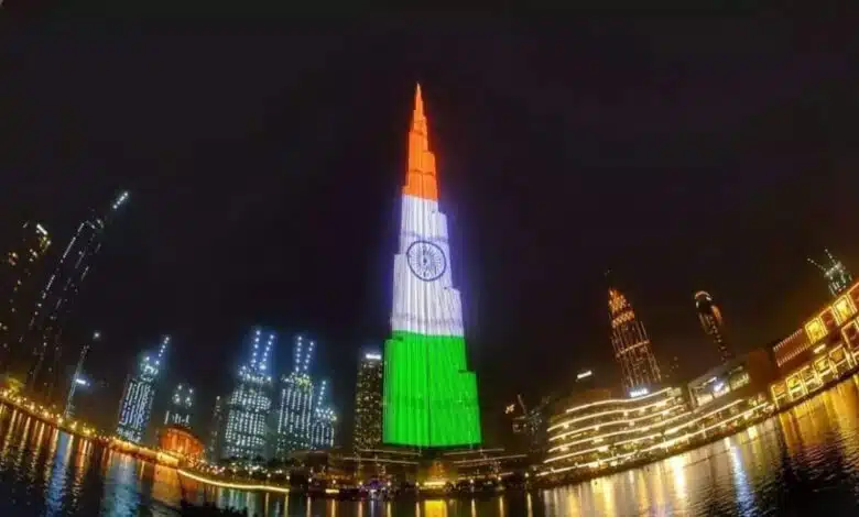 Burj Khalifa lit up with the colors of the Indian flag on Independence Day