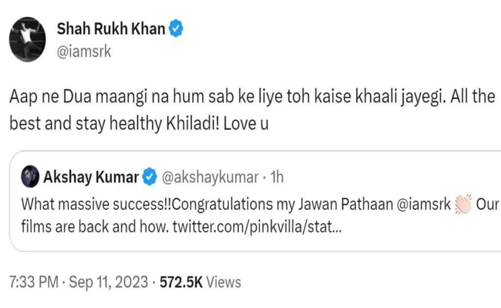 Akshay Kumar congratulates Shahrukh Khan on the success of Jawan
