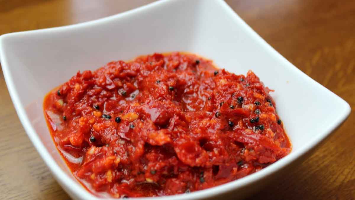 Red Chilli Thecha Thecha made from red chilli and garlic is an alternative to chutney, enhances the taste of food