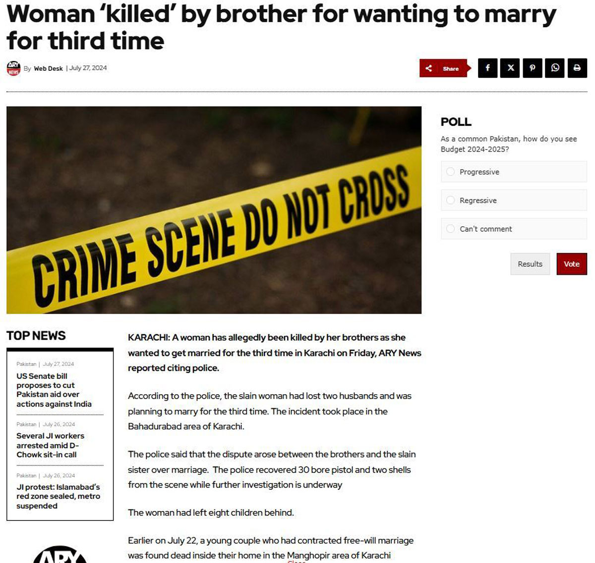 a woman who wanted to marry for the third time was killed by her brothers In Pakistan