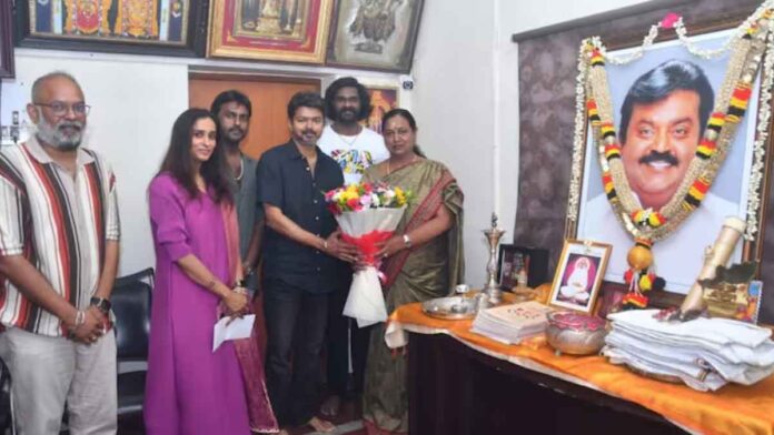 Vijay and the 'GOAT' team visited late actor Vijayakanth's house to seek his blessings