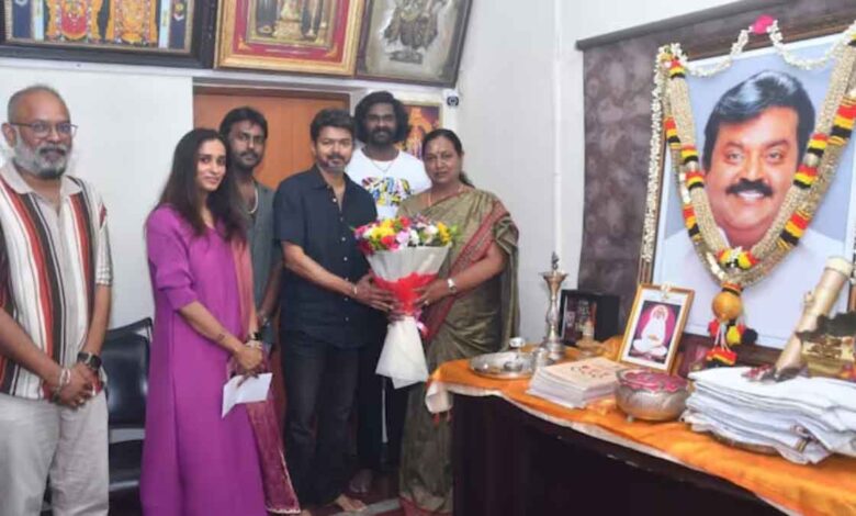 Vijay and the 'GOAT' team visited late actor Vijayakanth's house to seek his blessings