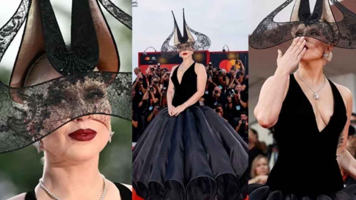 Lady Gaga in voluminous Dior gown and dramatic headpiece takes over the red carpet