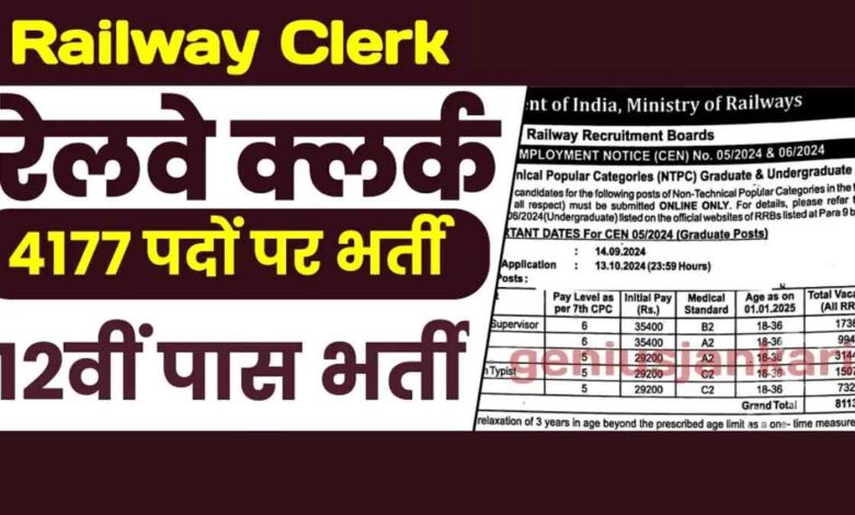 Railway Clerk Vacancy Bumper job in railway for 12th pass