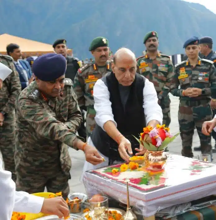 Rajnath Singh performs Shastra Puja at Sukhna Cantonment on Vijayadashami