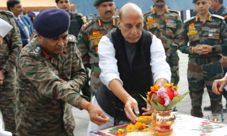 Rajnath Singh performs Shastra Puja at Sukhna Cantonment on Vijayadashami