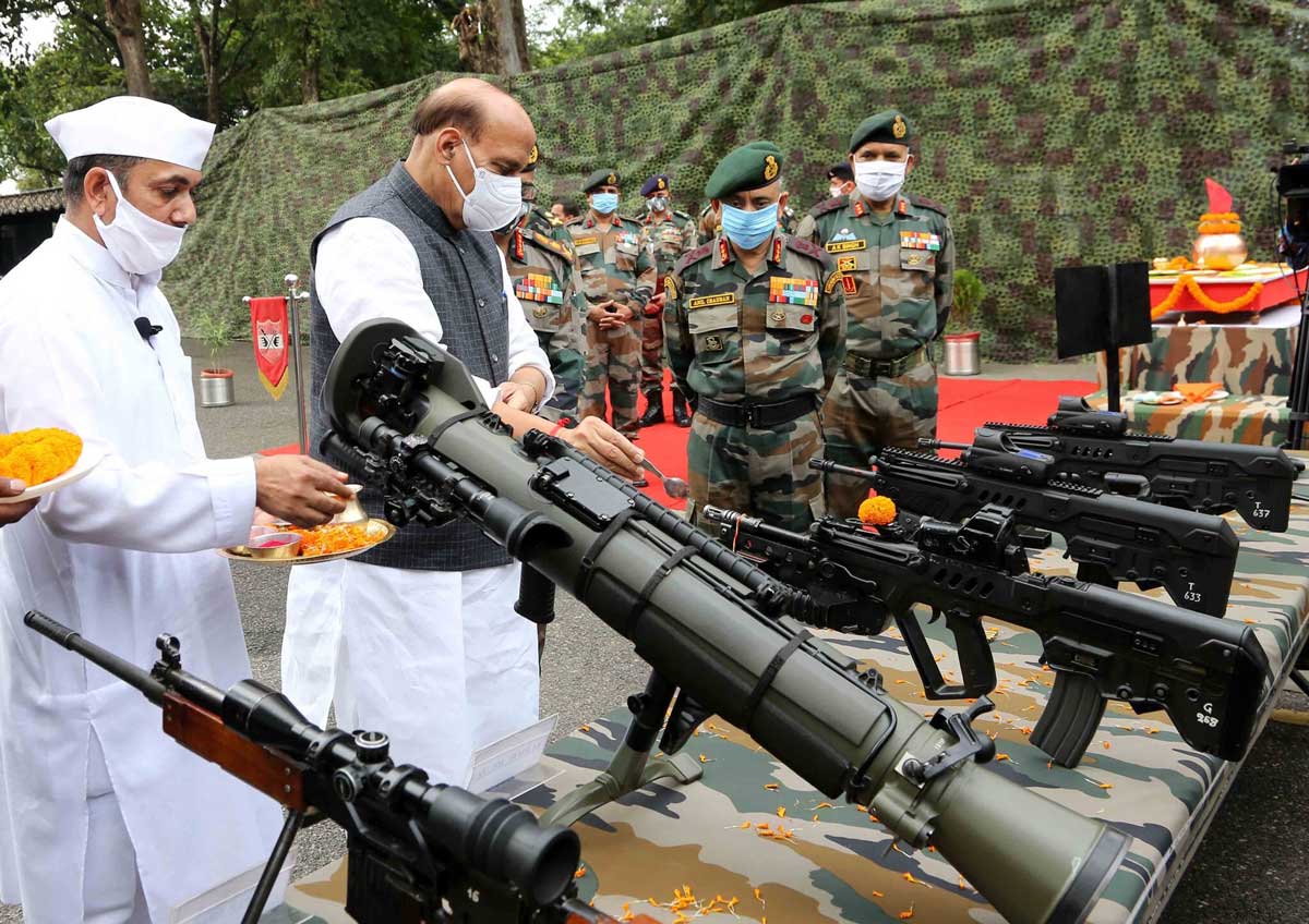 Rajnath Singh performs Shastra Puja at Sukhna Cantonment on Vijayadashami