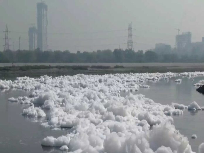 Toxic foam was seen floating in the Yamuna river in Delhi's Kalindi Kunj area