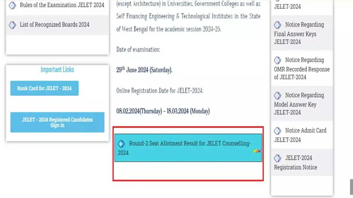 WBJEE JELET 2024 Round 2 Seat Allotment Result Released, Check Details