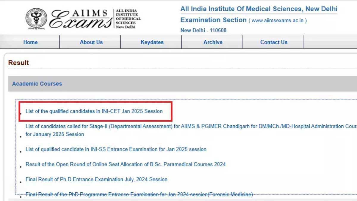 AIIMS INICET January Result 2025 Released, Check Steps to Download