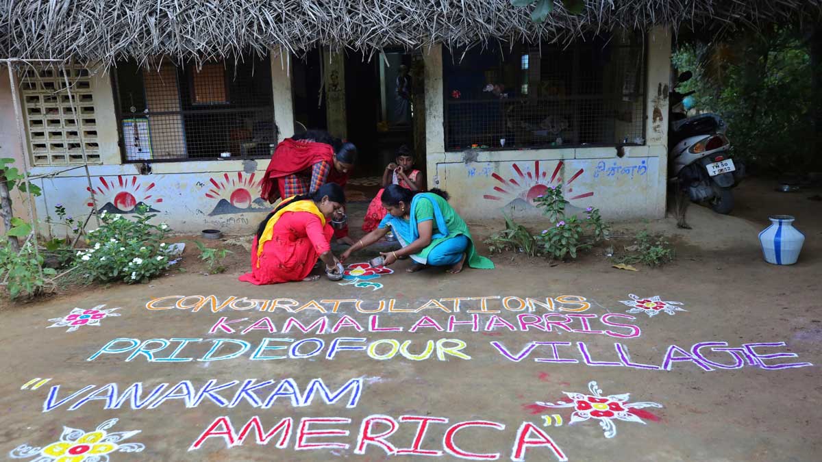 Tamil Nadu villagers create kolam designs to celebrate Kamala Harris' victory in US presidential elections