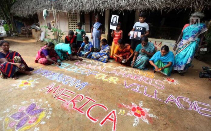 Tamil Nadu villagers create kolam designs to celebrate Kamala Harris' victory in US presidential elections