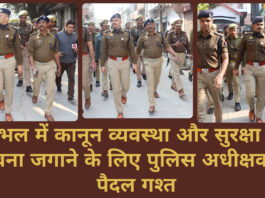 Police foot patrol in Sambhal district