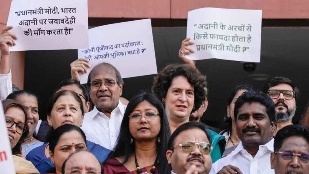 INDIA Bloc MPs protest in the Parliament premises regarding the Adani case