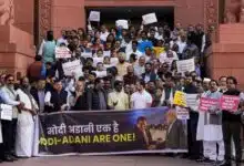 INDIA Bloc MPs protest in the Parliament premises regarding the Adani case