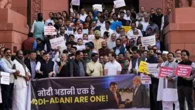 INDIA Bloc MPs protest in the Parliament premises regarding the Adani case