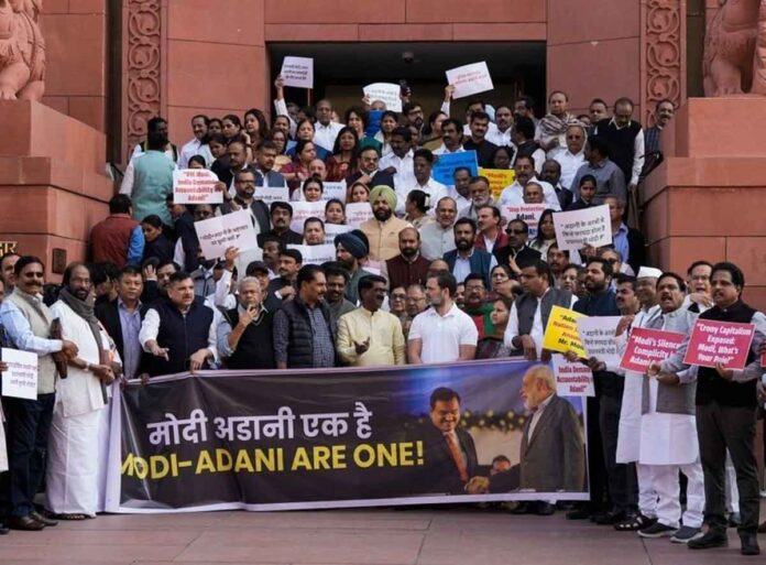 INDIA Bloc MPs protest in the Parliament premises regarding the Adani case