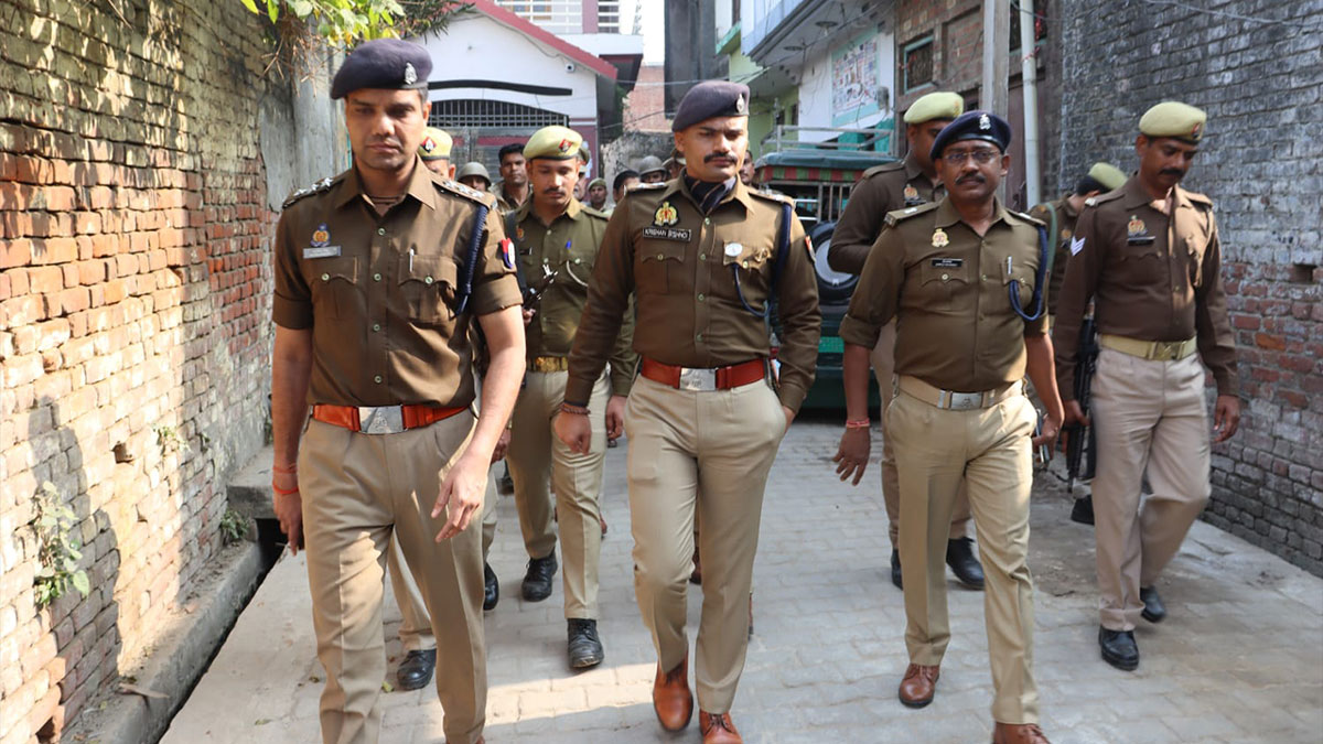 Police foot patrol in Sambhal district