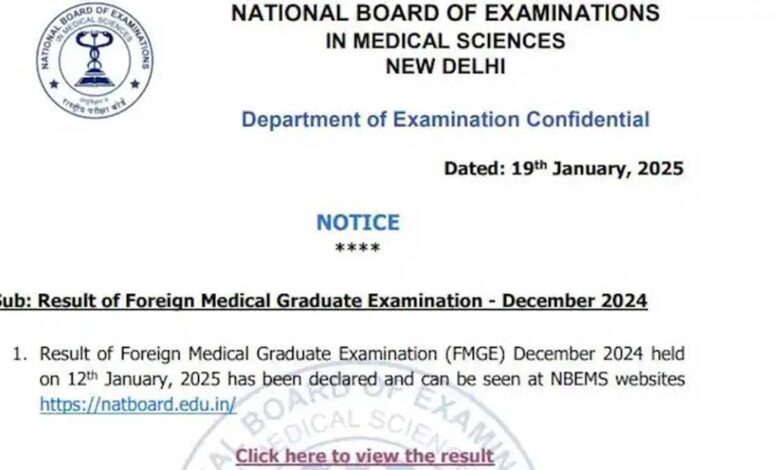 FMGE 2025 Foreign Medical Graduates Exam results declared