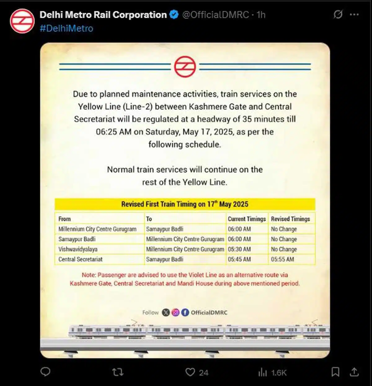 Temporary change in service on Delhi Metro's Yellow Line