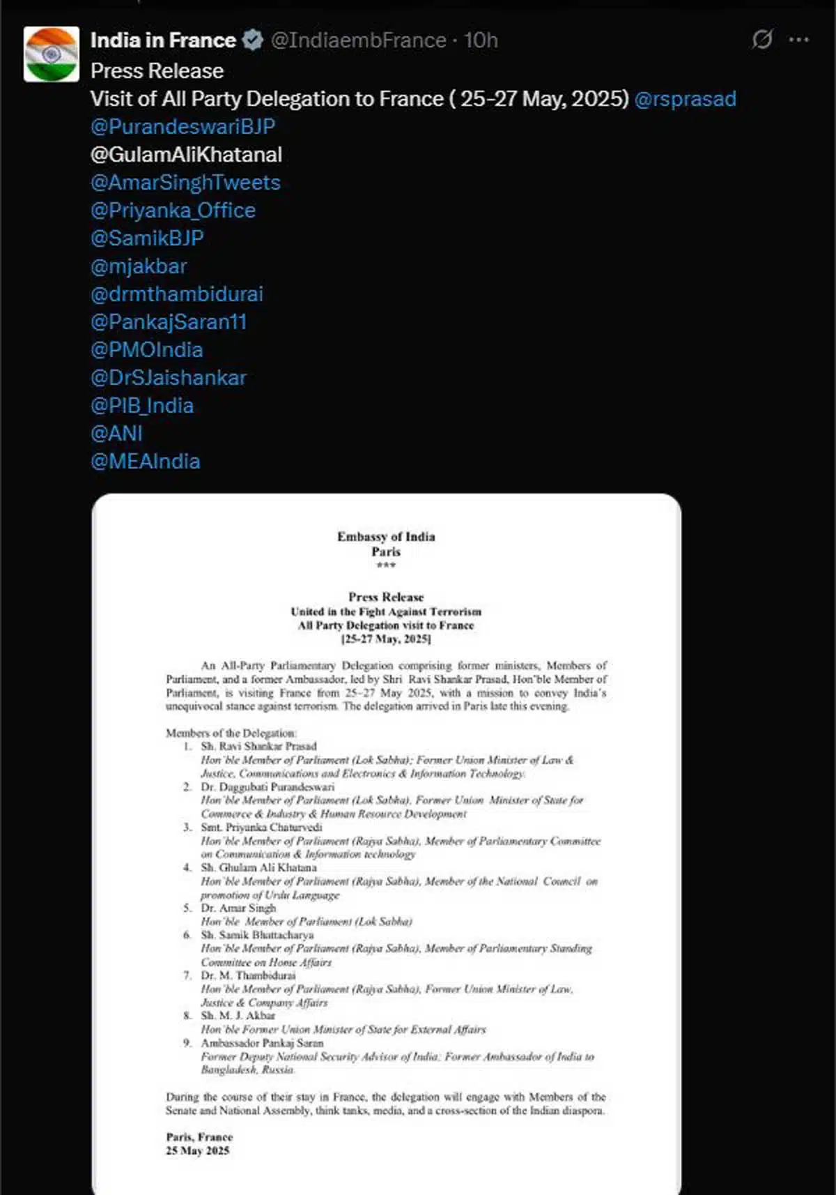 Visit of Indian all-party delegation to France