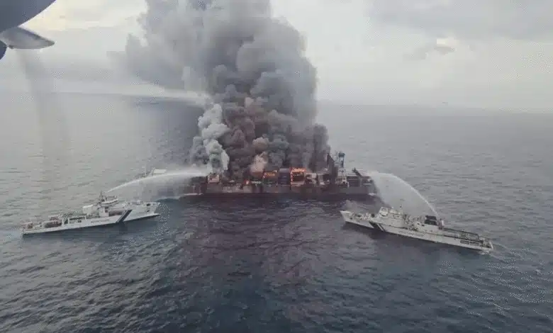 Singapore-flagged container ship catches fire off Kerala coast, 4 crew members missing