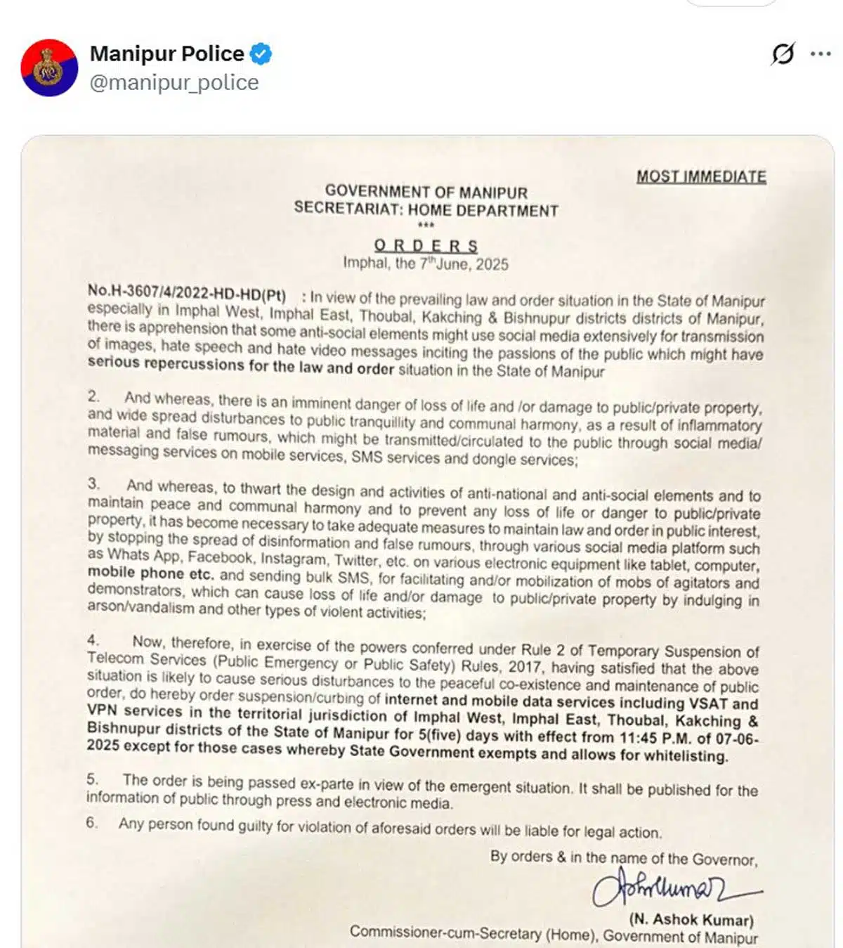 Internet services suspended in 5 districts of Manipur