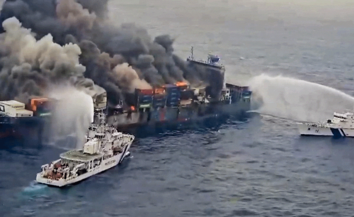 Singapore-flagged container ship catches fire off Kerala coast, 4 crew members missing