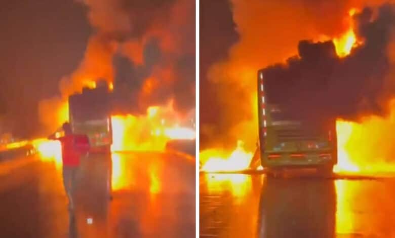 Volvo bus catches fire in Andhra Pradesh